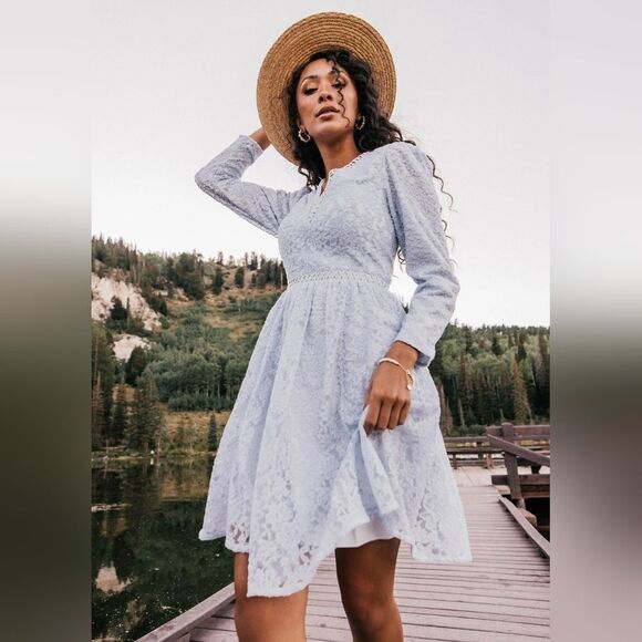 Jessakae Leah Ryder Felicia Blue Lace Long‎ Sleeve Flare Mini Dress Size … - Picture 2 of 12